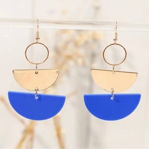 Blue and Gold Geometric Acrylic Half-Circle Dangle Earrings